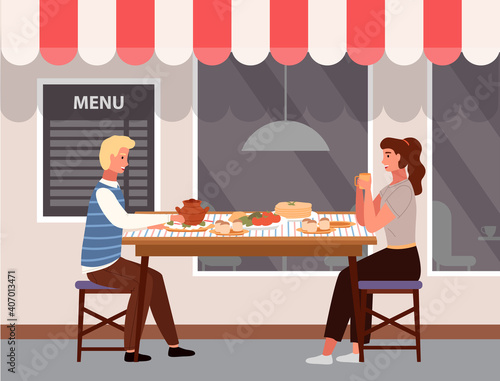 People are eating national russian food outdoors. Couple on a date on the background of a cafe. Characters taste traditional dishes flat vector illustration. Dining table with borscht and buns