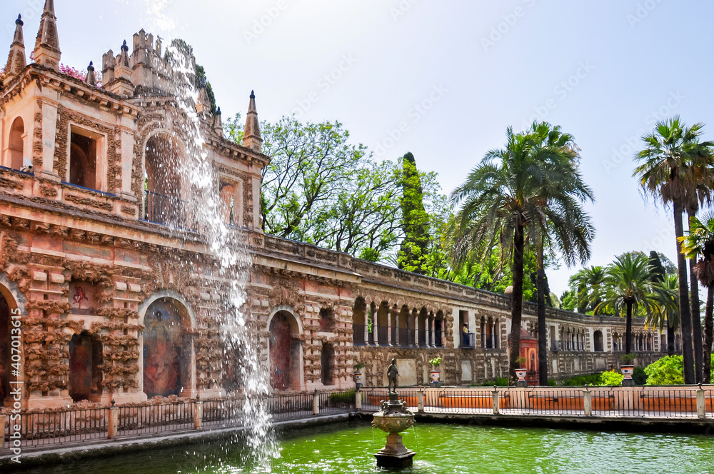 Seville Alcazar gardens in summer, Spain Seville Alcazar gardens in summer, Spain