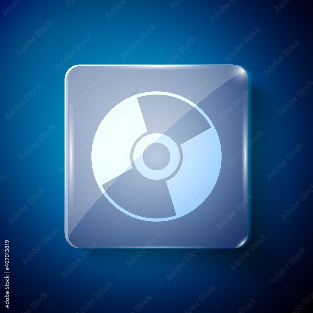 White CD or DVD disk icon isolated on blue background. Compact disc sign. Square glass panels. Vector Illustration. White CD or DVD disk icon isolated on blue background. Compact disc sign. Square glass panels. Vector Illustration.
