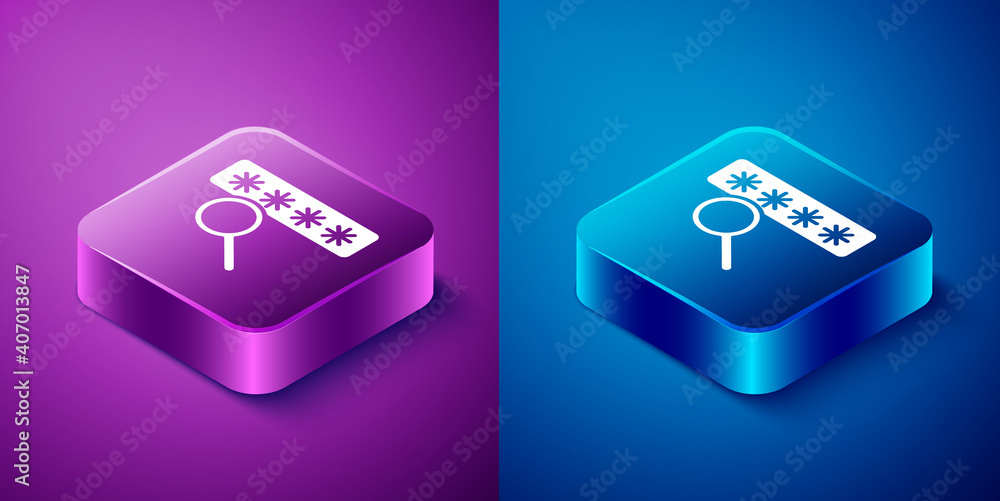 Isometric Password protection and safety access icon isolated on blue and purple background. Security, safety, protection, privacy concept. Square button. Vector Illustration. Isometric Password protection and safety access icon isolated on blue and purple background. Security, safety, protection, privacy concept. Square button. Vector Illustration.