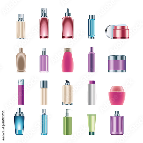 bundle of twenty skin care bottles products icons