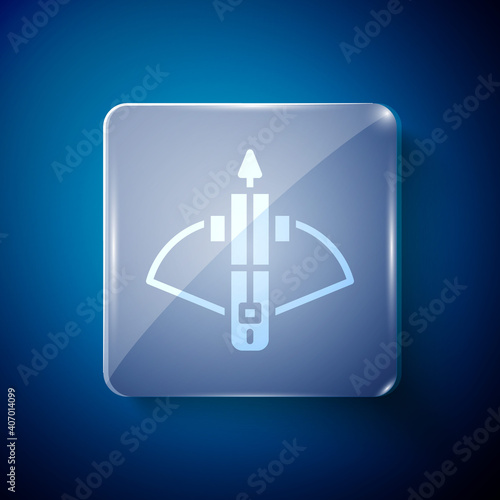 White Battle crossbow with arrow icon isolated on blue background. Square glass panels. Vector.