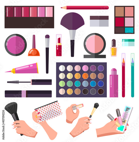 Makeup collection, different tools or instruments for visagiste, cosmetics, female hands with brush, cosmetic bag, lipstick, shadows palette, lipgloss, powder, pencils, mascara, nail polish cream jar