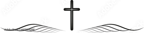 Banner für eine Traueranzeige, Tod und Trauer, Karte zum Beileid und Anteilnahme, Kreuz und Palmenwedel, abstrakt, vektor, isoliert