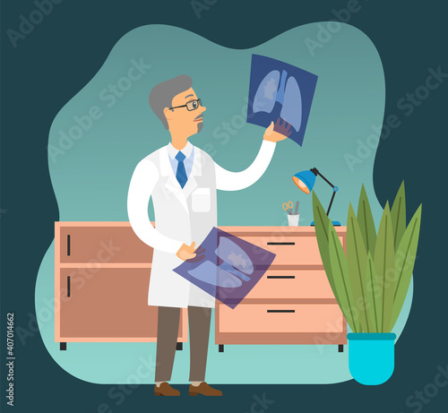 Professional oncologist male character in hospital office. Cancer disease diagnostic and treatment. Doctor examining a lung radiography holding X-ray picture. Man in white coat is looking at a photo