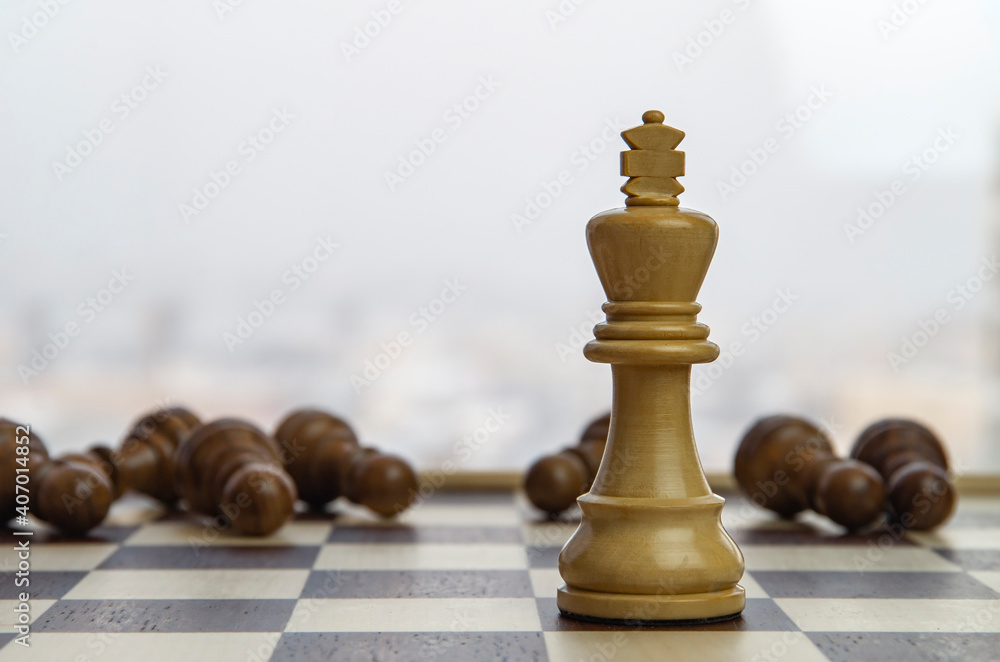 White Chess King among lying down black pawns on chessboard. Concept: Leader and competition. White Chess King among lying down black pawns on chessboard. Concept: Leader and competition.