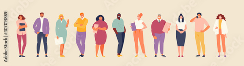Business people group in office clothes. Multinational team of different age and appearance. Vector set illustration