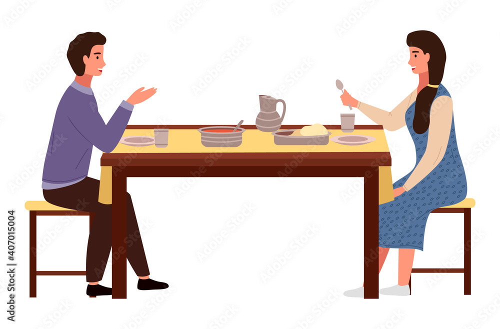 Restaurant in pink girly style vector illustration. Dining table with pitas and tomato soup. Arrangement of furniture. Couple is eating indian food. Characters in relationship are having date