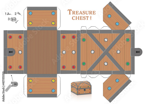 Treasure chest box paper model. Cut out, fold and glue it. Template with gemstones and lid that can be opened. Wooden textured box for precious objects, luxury, belongings or little things.
