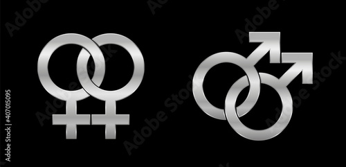 Lesbian and gay love symbols, silver emblem style, isolated vector logo illustration on black background.
