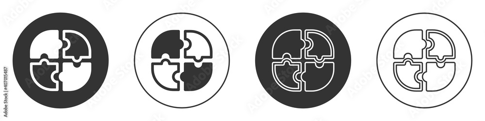 Black Piece of puzzle icon isolated on white background. Business, marketing, finance, template, layout, infographics, internet concept. Circle button. Vector. Black Piece of puzzle icon isolated on white background. Business, marketing, finance, template, layout, infographics, internet concept. Circle button. Vector.
