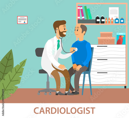 Consultation with a practitioner cardiologist in clinic office. Health check with a stethoscope. The doctor examines the patient, ready to help, cartoon characters. Therapist listens to the heartbeat