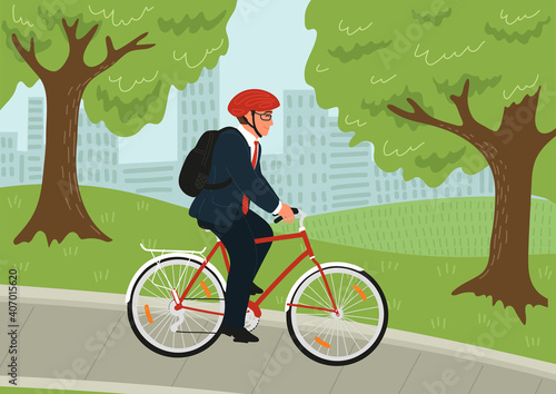Businessman in helmet rides on bike to work. Office worker with backpack on bicycle in the city park.
