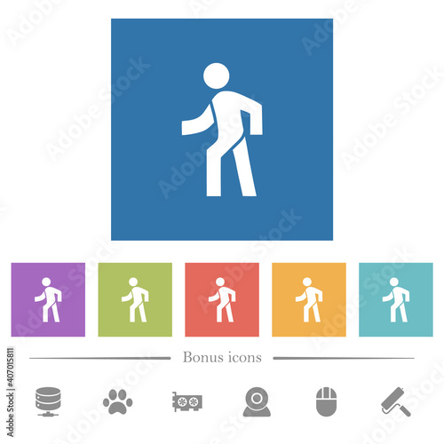 Man walking left flat white icons in square backgrounds