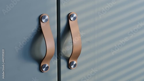 Close up hand open wooden cabinet. Slow motion video. stock footage