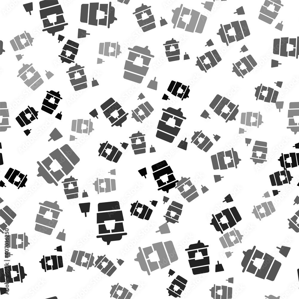 Black Coffee cup to go icon isolated seamless pattern on white background. Vector.