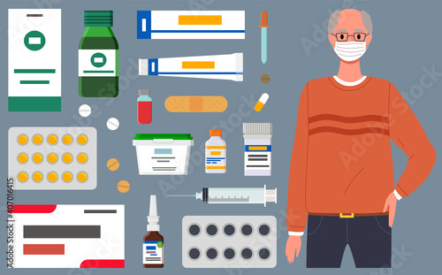 Male character is using a mask. The man is near a set of medicines and pills for coronavirus. Various tubes and tablets for treatment, coronavirus, quarantine time, self-isolation, pandemic