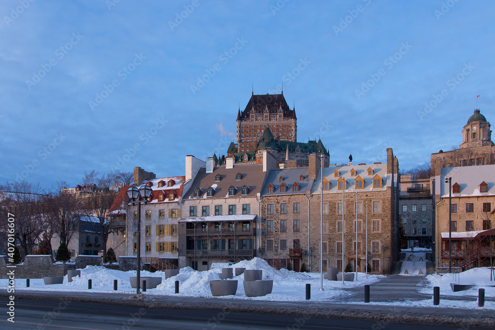 Cityscape of the lower old town seen during a winter dawn, Quebec City, Quebec, Canada