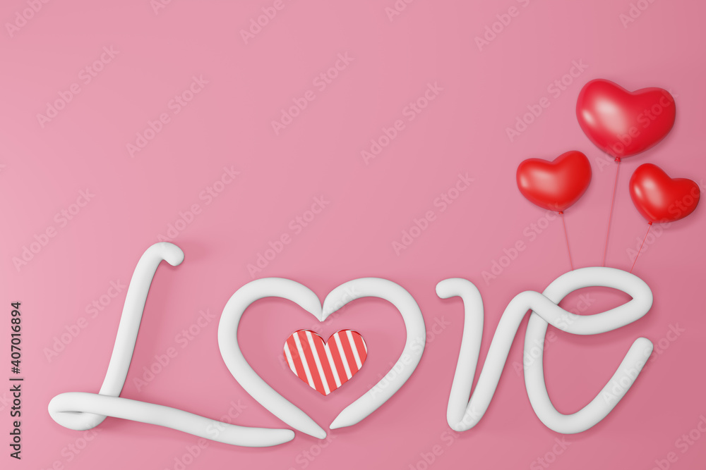 Text LOVE  Realistic 3D Colorful Romantic Valentine Hearts in Red or Pink Background. 3D render