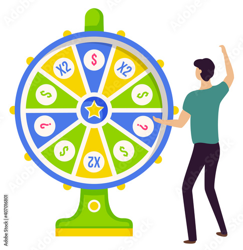 Gambler and game of luck, fortune wheel and win, risk and money vector. Casino and opportunity, prize and award, color circle and man, isolated object