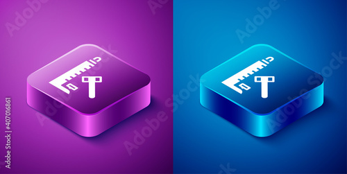 Isometric High striker attraction with big hammer icon isolated on blue and purple background. Attraction for measuring strength. Amusement park. Square button. Vector.