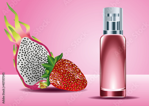 red skin care spray bottle product with dragon fruit and strawberry