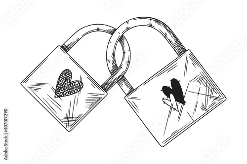 Two closed locks symbol of love. Sketch two locks and with hearts. Vector illustration