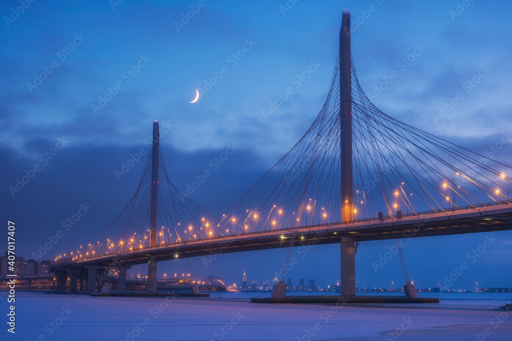Obraz premium View of the Western High-Speed â€‹â€‹Bridge Diameter. Krestovsky Island. Backlit winter night Russia, St. Petersburg.
