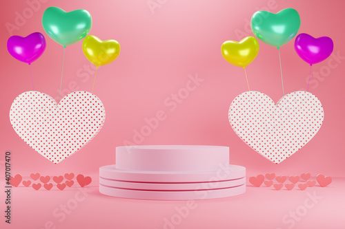 Realistic 3D Colorful Romantic Valentine Hearts in Red or Pink Background. 3D render