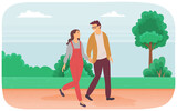 Dating couple outdoor cityscape in the day time. Young peolpe smiling man and woman holding hands walking. Girl with guy, people in love spend time together and looking at each other lovingly
