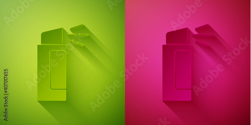 Paper cut Pepper spray icon isolated on green and pink background. OC gas. Capsicum self defense aerosol. Paper art style. Vector.