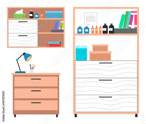 Set of medical furniture for examining animals, cabinet on wheels. Table lamp, medical cabinet, examination table. Shelves with medicines, folders, first aid, medicines, disposable wipes. Vet clinic