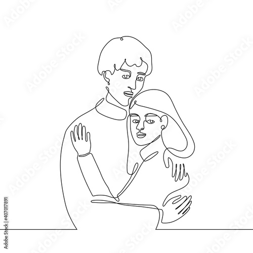 The man hugs the woman. Couple in love in line art style. Continuous one line drawing. Vector illustration on white background.