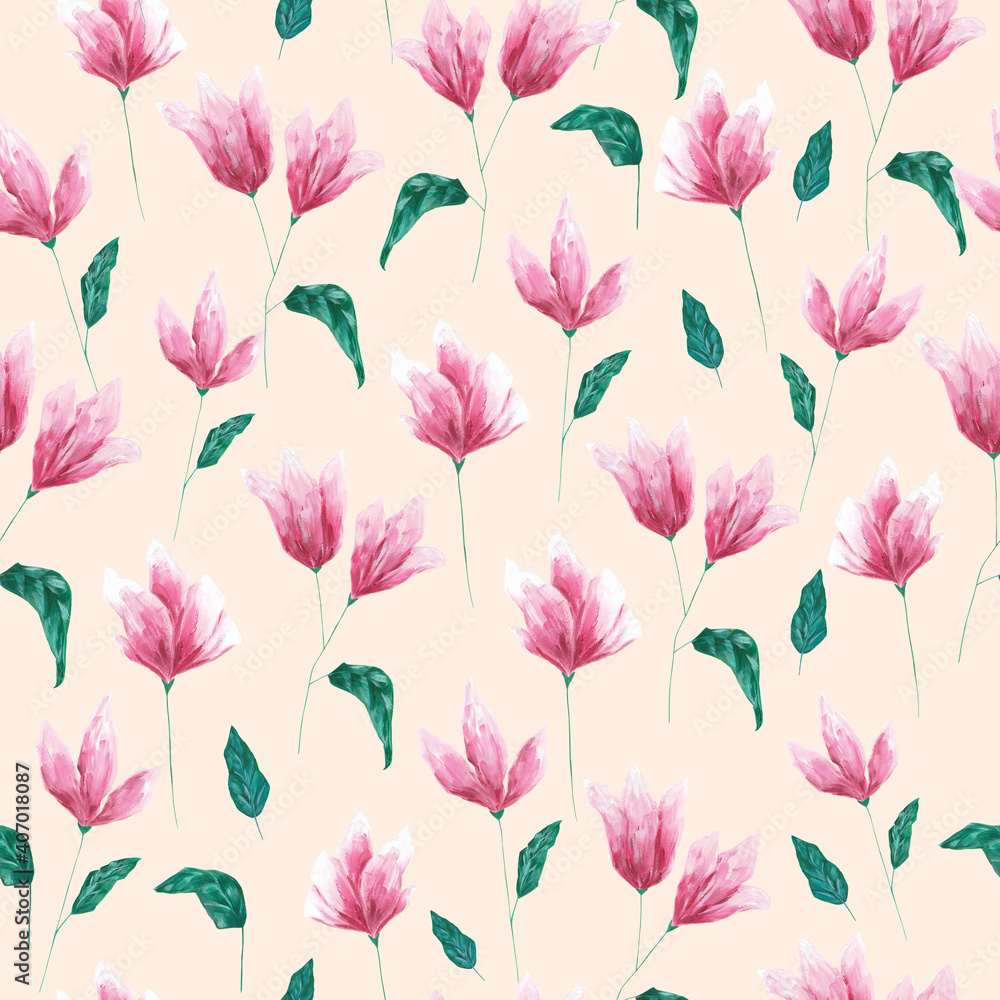 Acrylic abstract pink flowers on peach colored background seamless pattern. Beautiful hand drawn botanical print for textile, fabric, wallpaper, wrapping paper, decoration and design. 