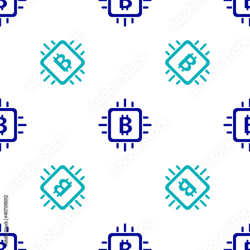 Blue CPU mining farm icon isolated seamless pattern on white background. Bitcoin sign inside processor. Cryptocurrency mining community. Digital money. Vector.
