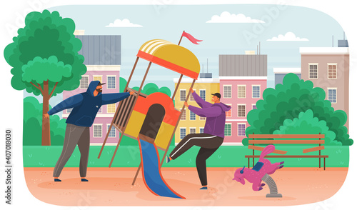 Vandals destroy a children s slide in a public park. Masked and hooded bandits destroy city property. Street gangsters and vandalism concept. Cartoon vector aggressive men smashing playground