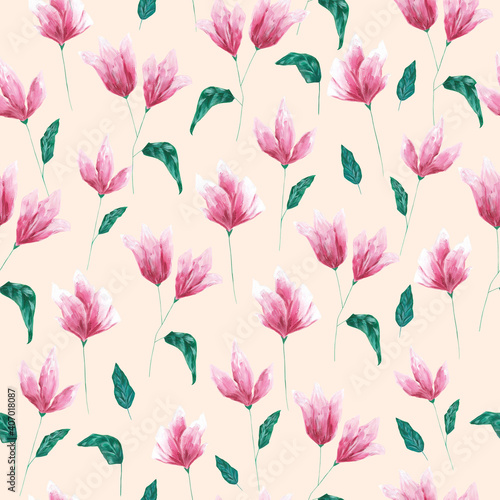 Acrylic abstract pink flowers on peach colored background seamless pattern. Beautiful hand drawn botanical print for textile, fabric, wallpaper, wrapping paper, decoration and design. 