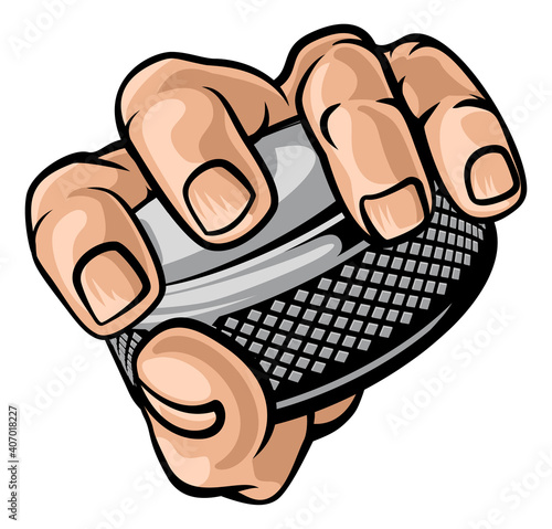 A hand holding an ice hockey puck cartoon design