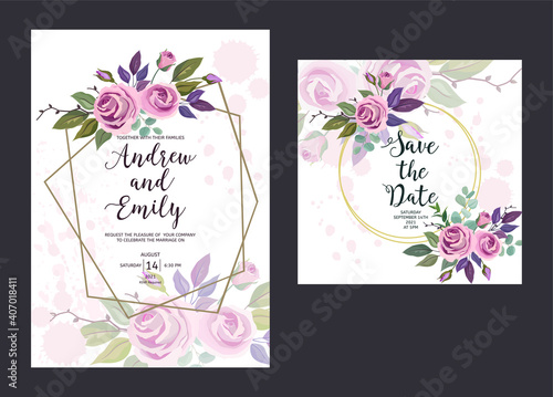 Wedding invitation card with abstract gold geometric frame and hand drawn ros...