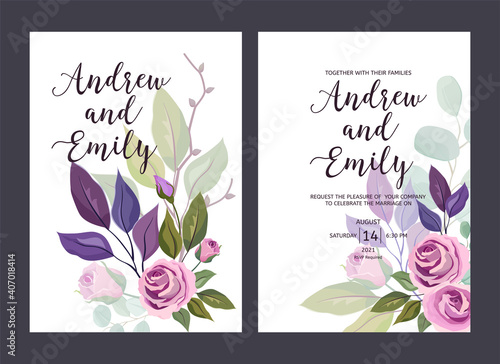 Wedding invitation cards template with hand drawn pastel roses and leaves