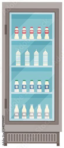 Showcase fridge for cooling dairy products. Different colored bottles and boxes in fridge. Refrigerator dispenser cooling machine with transparent glass door. Milk, yogurt, sour cream storage