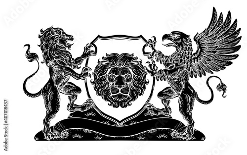 A crest coat of arms family shield seal featuring griffin and lions