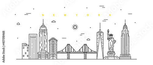 New York city. Modern flat line landscape vector. Cityscape line art illustration with building, tower, skyscrapers. Vector illustration.