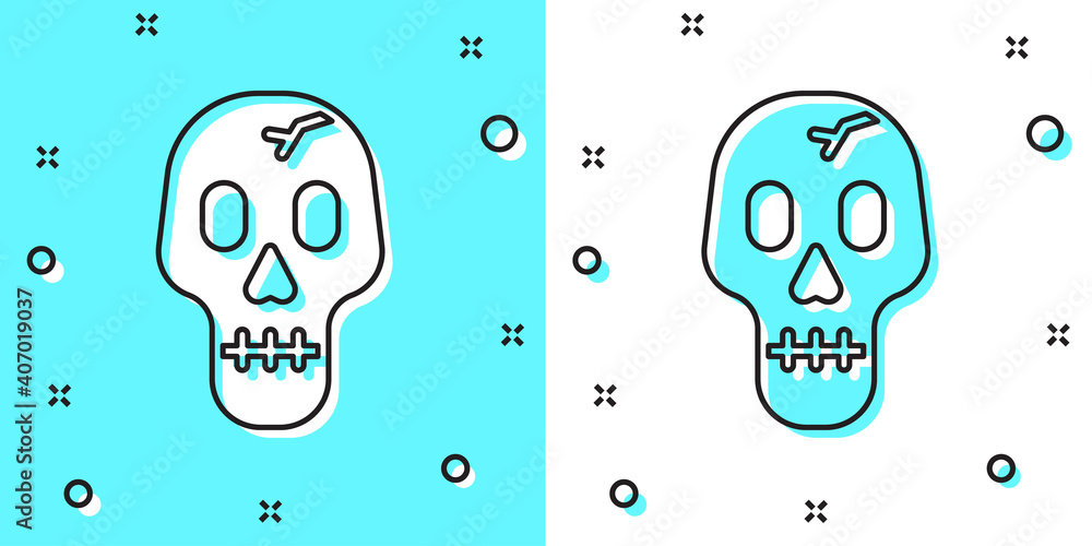 Black line Skull icon isolated on green and white background. Happy Halloween party. Random dynamic shapes. Vector. Black line Skull icon isolated on green and white background. Happy Halloween party. Random dynamic shapes. Vector.