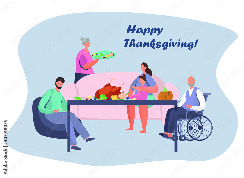 Family Turkey Dinner on Thanksgiving Day.Happy Relatives Eating Festive