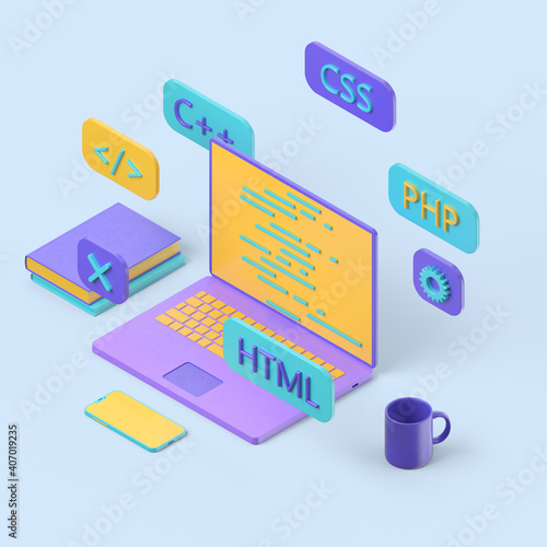 Programming isometric 3d concept.
Web Development concept, programming and coding. Computer with virtual screens on light background. Isometric 3d render.
