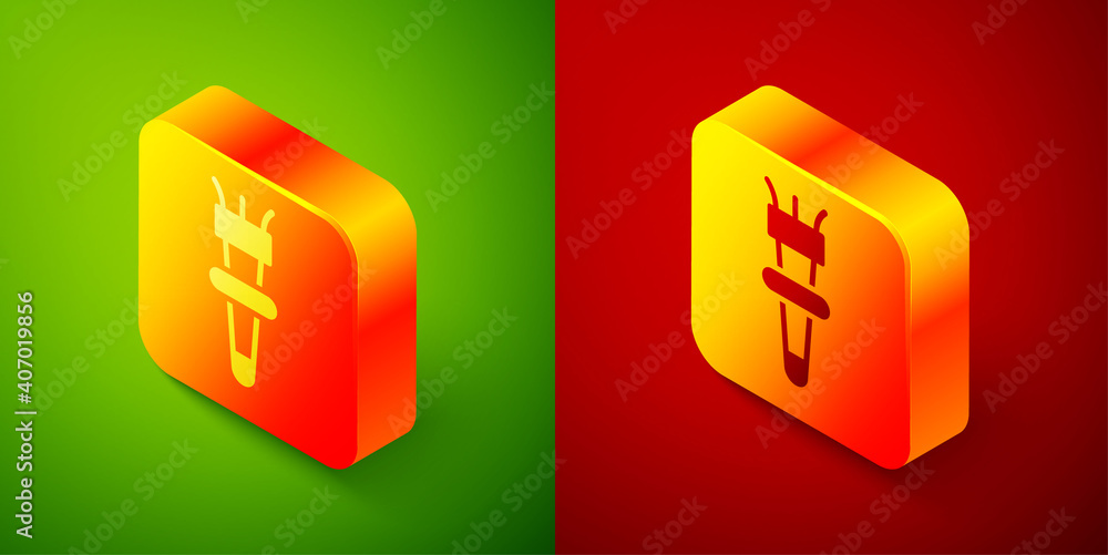 Isometric Torch flame icon isolated on green and red background. Symbol fire hot, flame power, flaming and heat. Square button. Vector. Isometric Torch flame icon isolated on green and red background. Symbol fire hot, flame power, flaming and heat. Square button. Vector.