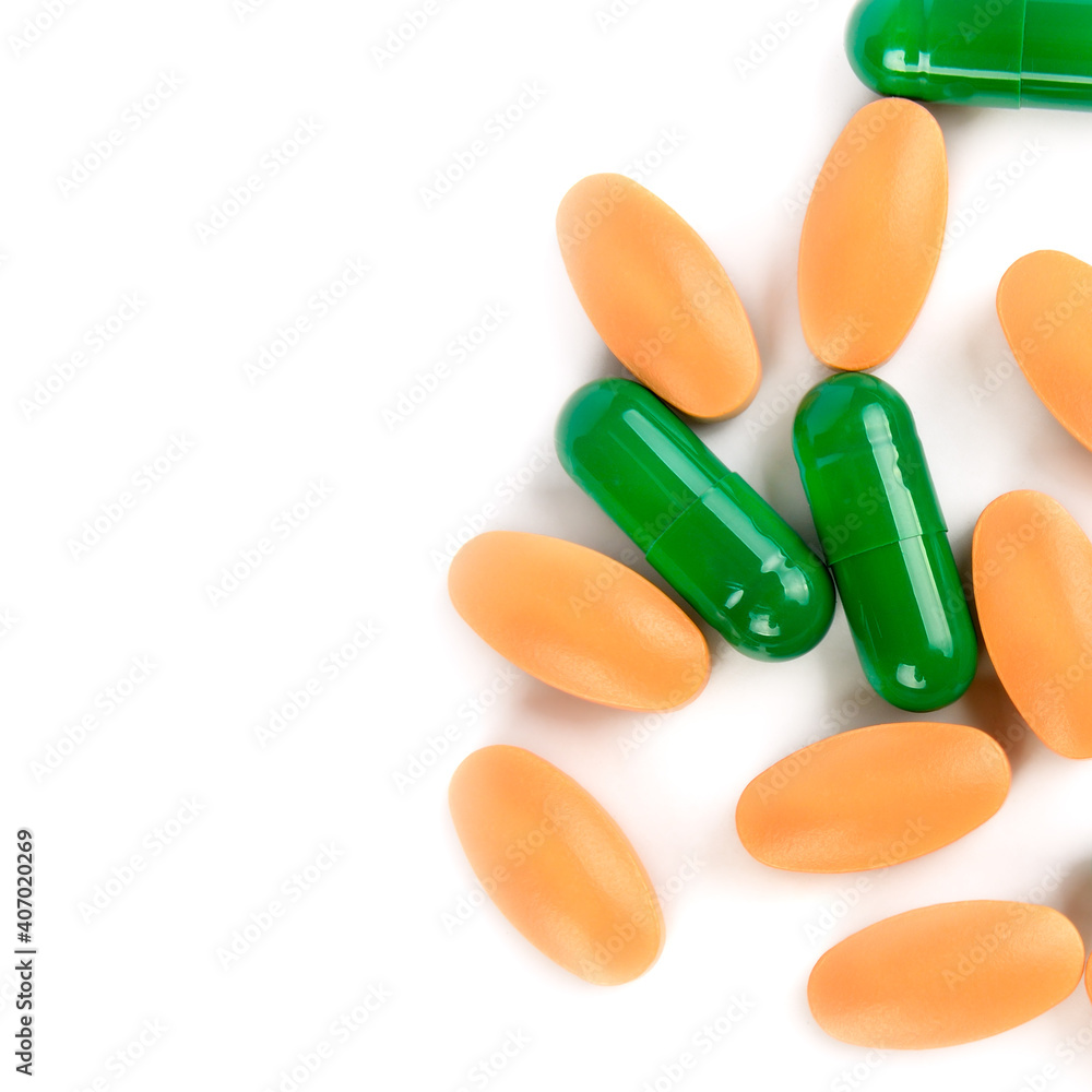 Pills and tablets isolated on white. Free space for text. Pills and tablets isolated on white. Free space for text.