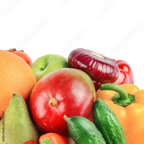 fruits and vegetables isolated on white background. Free space for text.