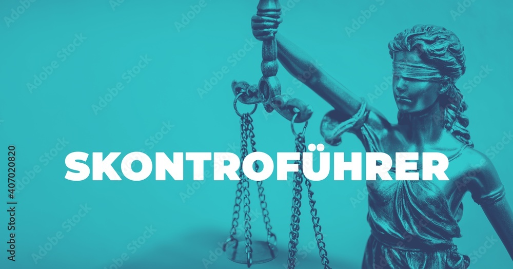 Naklejka premium Skontroführer. Close-up einer Justitia Statue. Duotone blau mit weißem Text. Symbol für Gerechtigkeit und Anwalt.